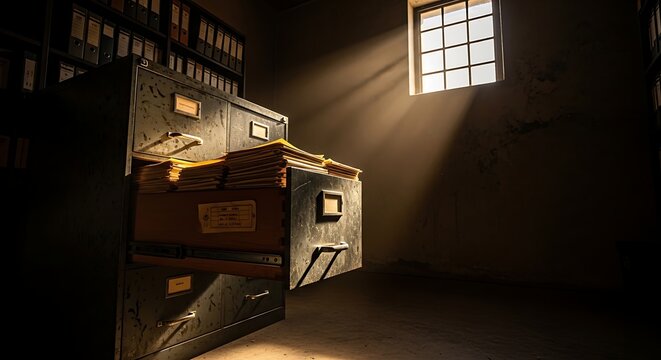 A dusty metal filing cabinet with an open drawer full of files in a dark room