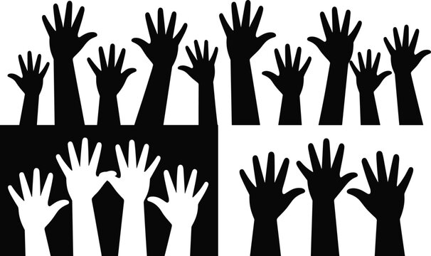 Black silhouette collection of raised hands symbolizing unity, participation, volunteering, voting, teamwork, and collective community engagement concepts