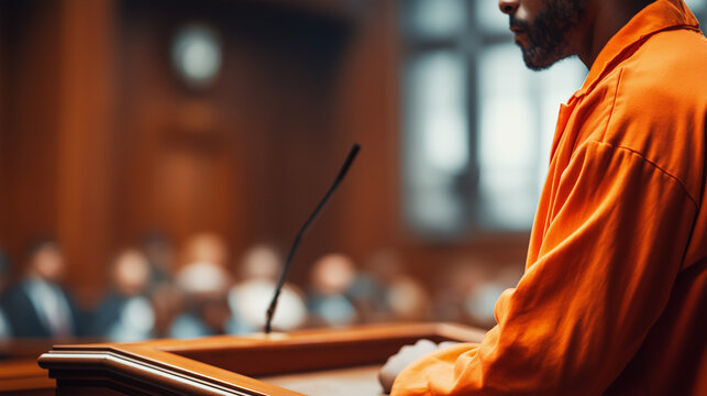 Defendant in orange prison uniform giving testimony at courtroom witness stand during legal hearing. Criminal justice, trial procedure, court proceedings and law enforcement concept.