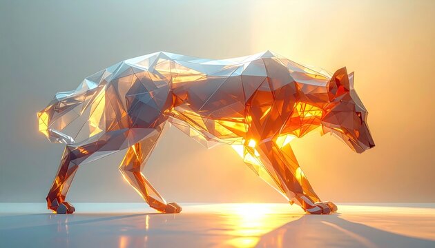 Geometric wolf sculpture, glowing with internal light, against warm backdrop