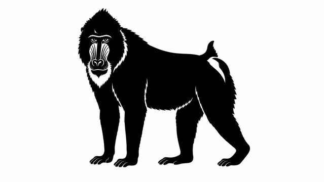 Mandrill monkey silhouette illustration, black and white primate graphic, wild baboon animal icon isolated on white background