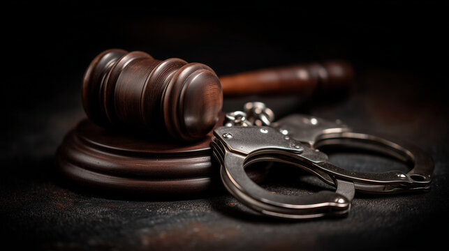Wooden judge gavel beside handcuffs on a dark background, symbolizing criminal law, justice enforcement, legal consequences, arrest procedures, court decisions, crime investigation, and public safety.