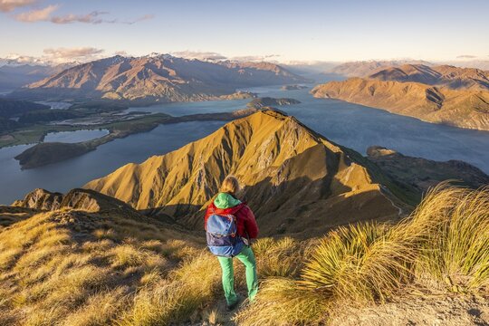 Hiker on path to peak of Roys Peak, evening light, view of mountains and lake, Lake Wanaka, Southern Alps, Otago Region, Southland, New Zealand
