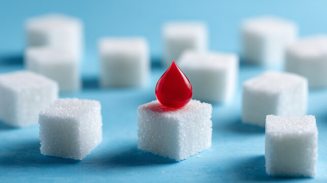 Red blood drop placed on a sugar cube highlighting the relationship between sugar intake and diabetes. Blood glucose control, metabolic health awareness and healthcare education concept.