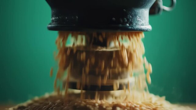 Close up of grain pouring from industrial machine.