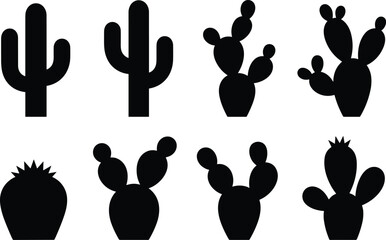 Black silhouette illustrations of diverse cactus shapes including saguaro and prickly pear varieties, symbolizing nature, desert plants, lifestyle, creativity, and design concepts © MstSakila
