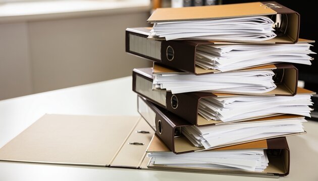 A stack of brown binders filled with documents sits on a desk. An open binder lies next to the stack, showcasing organized paperwork.