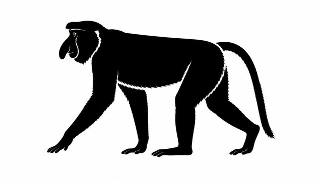 Proboscis monkey silhouette, long-nosed primate profile on white background, black and white wildlife illustration for logo design