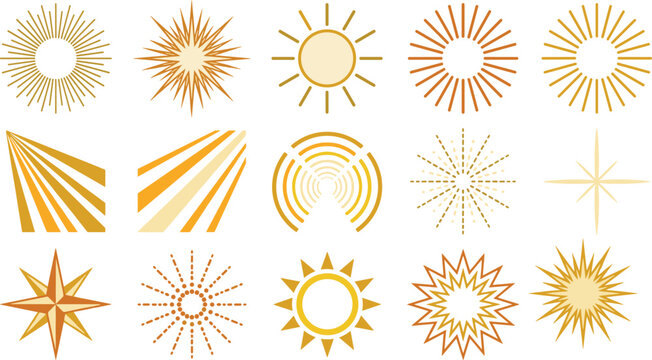 Sunburst and radiant light rays collection featuring vintage sunshine starburst frames solar symbols and decorative geometric elements
