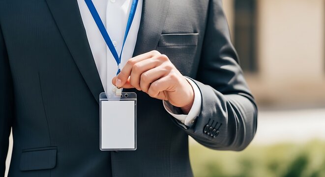 Closeup of a businessman in a suit holding a blank id badge on a lanyard