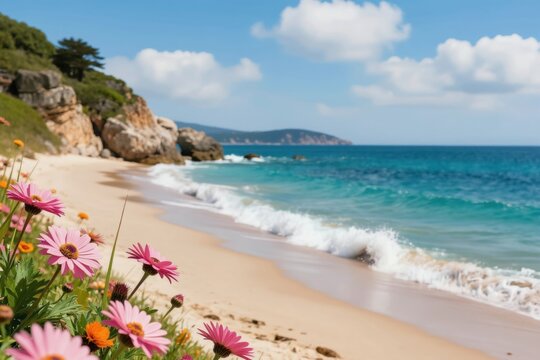 Pink flowers bloom on a sandy beach beside a turquoise ocean. Waves gently wash ashore near rocky cliffs under a blue sky with white clouds. Serene coastal landscape view.