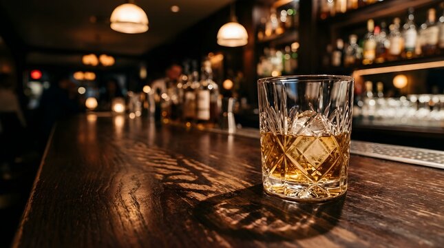 Glass of whiskey with ice on a wooden bar counter in a blurred nightclub