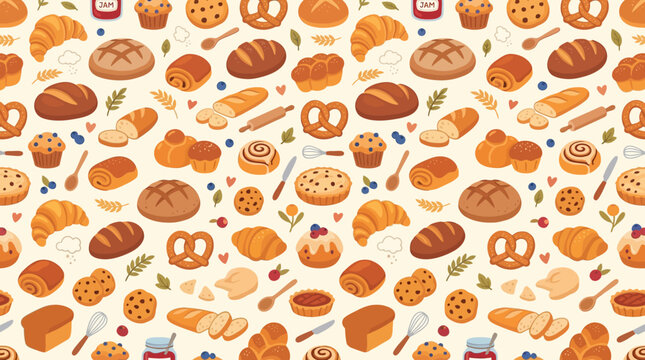 Flat vector bakery seamless pattern, croissants, bread and handcrafted food illustrations

