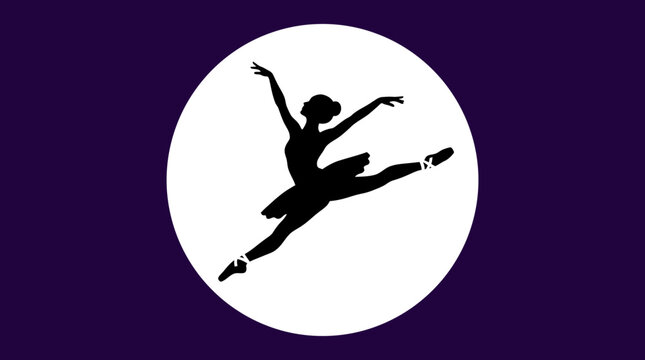 A dynamic flat vector illustration of a ballerina captured mid-leap. Her silhouette is solid black, set within a perfectly circular white spotlight on a solid deep purple background. Minimalist compos