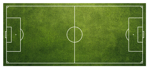 Top view of a transparent png showing a green football soccer field with white lines and markings on a well kept grass pitch isolated soccer lawn overlay with detailed turf texture and sports playing © Diana