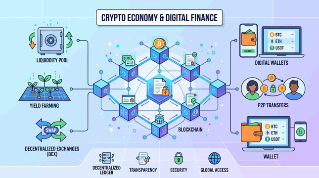 Flat vector crypto economy illustration, blockchain network and digital finance concept


