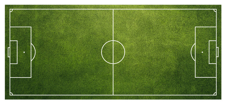 Top view of a transparent png showing a green football soccer field with white lines and markings on a well kept grass pitch isolated soccer lawn overlay with detailed turf texture and sports playing