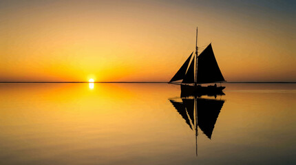 A minimalist silhouette of a vintage sailboat on a perfectly calm ocean. The sun is just touching the horizon line, creating a mirror reflection on the water. Simple, clean, zen-like aesthetic, deep b © Maftuh