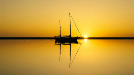 A minimalist silhouette of a vintage sailboat on a perfectly calm ocean. The sun is just touching the horizon line, creating a mirror reflection on the water. Simple, clean, zen-like aesthetic, deep b © Maftuh