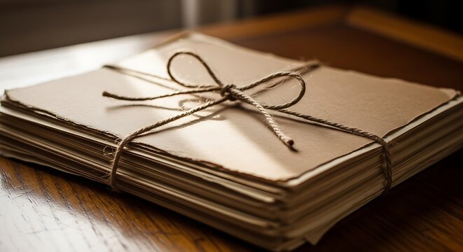 A stack of vintage paper documents tied together with rustic twine string