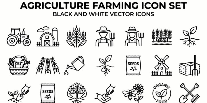Agriculture and farming black linear icon set representing harvest, tractor, barn, seeds, and gardening tools