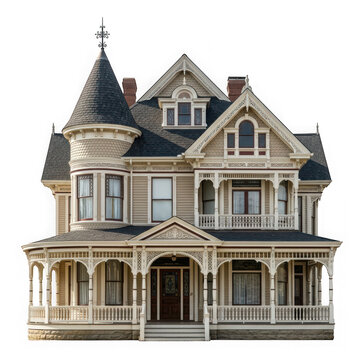 Elegant victorian style multistory house with wraparound porch and conical tower isolated on transparent background