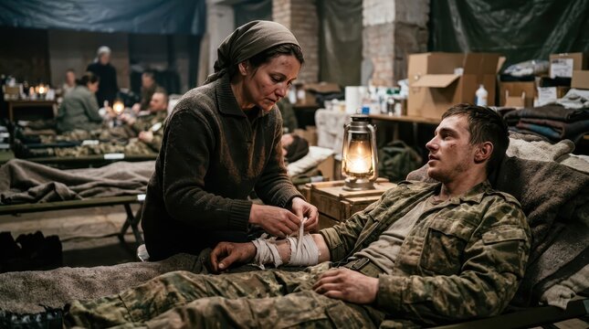 Woman tending to wounded soldier with makeshift bandage in dimly lit wartime hospital