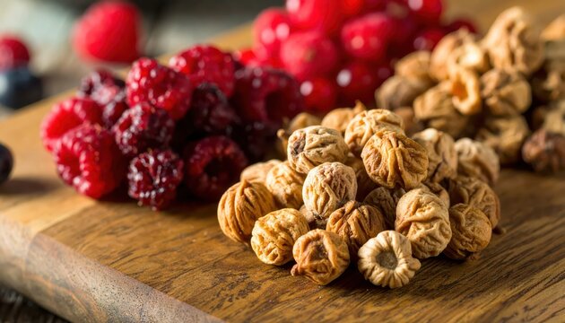 Dehydrated Red Berries and Tiger Nuts Arranged Artistically on a Wooden Surface Showcasing Natural Textures