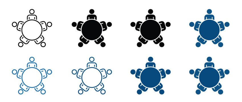 Meeting collaboration icon set. , Top view of five people sitting around round table in negotiation meeting icon, vector illustration .  Adobe Illustrator Artwork