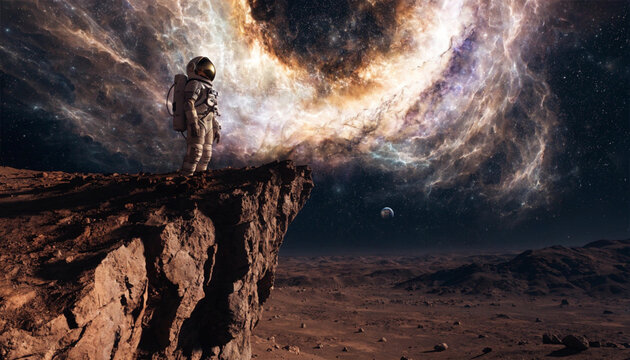 Astronaut Standing on Rocky Desert Cliff Edge Observing a Massive Cosmic Nebula and Vortex in Deep Space