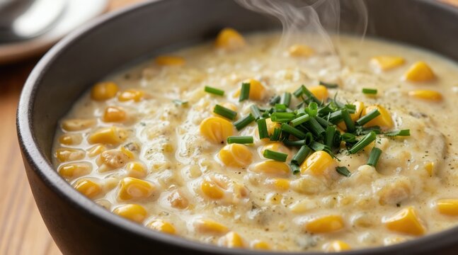 Close up of steaming corn chowder topped with chives and herbs on a rustic wooden table. Creamy yellow soup offers comfort and warmth, perfect for a cool day meal.