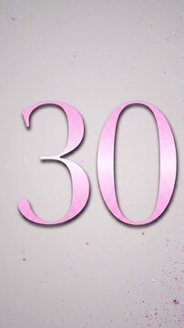 Pink Glitter Blow‑Away Reveal of Number 30 on Solid Background