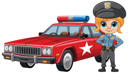 Cartoon Police Officer Standing Beside Red Patrol Car © brgfx