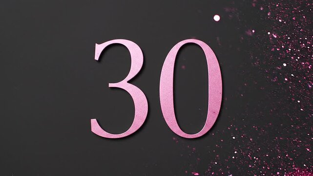 Pink Glitter Blow‑Away Reveal of Number 30 on Solid Background