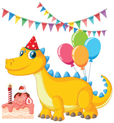 Naklejka premium Friendly Yellow Dinosaur Wearing Party Hat with Cake and Colorful Balloons