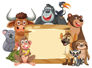Group of Cartoon Jungle Animals Around Blank Wooden Sign © brgfx