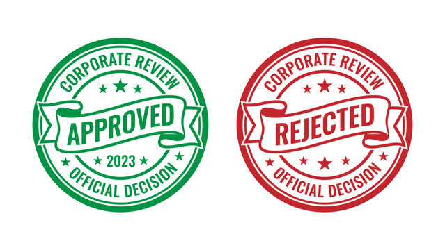 Green approved and red rejected corporate review stamp vector icons with official decision text and ribbon banners
