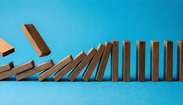 Wooden dominoes falling in a diagonal line against a bright blue background