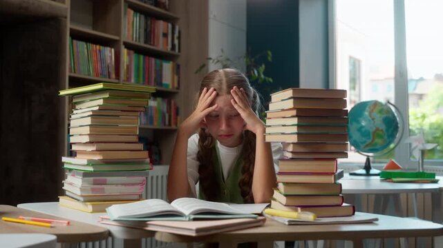 Frustrated Caucasian little girl kid child looking at many books on table feeling stress holding head feel headache pupil daughter exhausted with studying education in library study learn overwhelmed