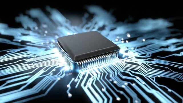 Microprocessor chip connected to circuit board with glowing electronic pathways