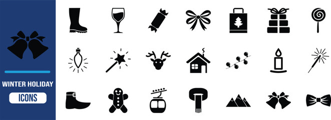 Winter holiday christmas celebration vector icons. reindeer icon set, gingerbread man icon set, presents icon set © Ayub