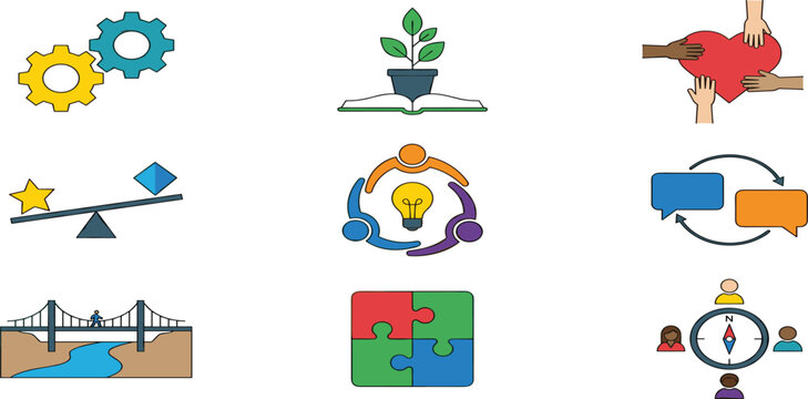 Business core values teamwork and collaboration icon set for corporate culture ethics partnership concept