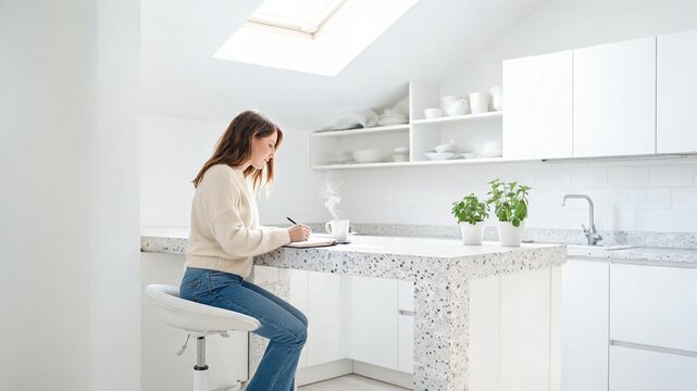 A sunlit kitchen workspace where a remote worker uses a height-adjustable active stool while writing at a terrazzo counter. Soft diffusion and clean, everyday details