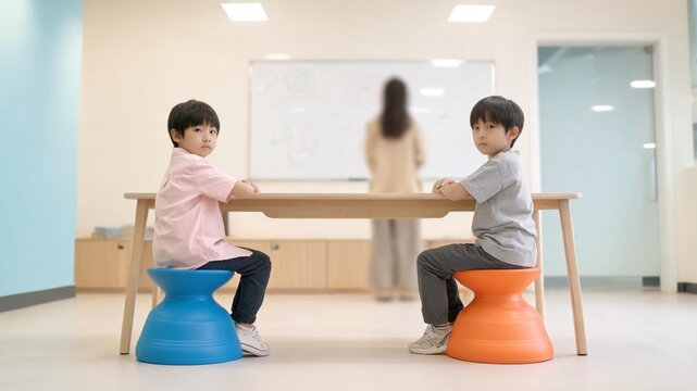 A friendly classroom scene showing two children using wobble stools to support active learning and balanced posture at a low table. Clear, bright environment and uncluttered details