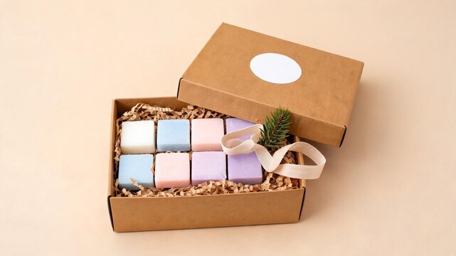 Open neutral gift box with 8 cubes on crinkle paper; ribbon and greenery
