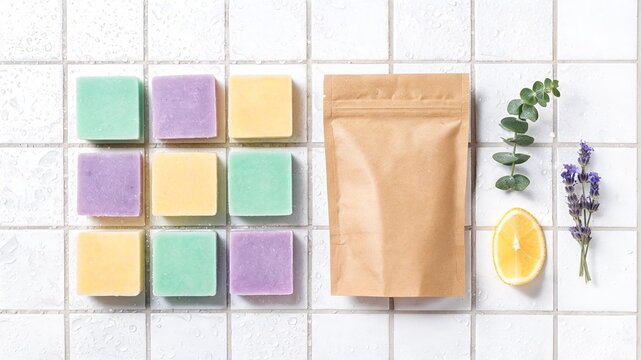 Minimal flat lay on white grid tile with three scent colors and blank pouch