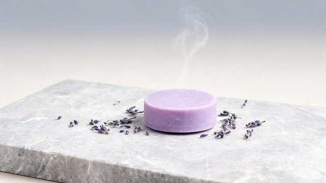 Lavender steamer with dried buds on a honed stone slab, gentle steam