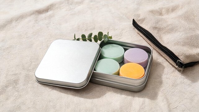 Small metal tin with four mini steamers and a neutral pouch; weekend‑ready styling