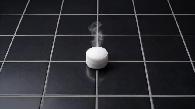 High‑contrast monochrome scene with soft steam on dark tiles