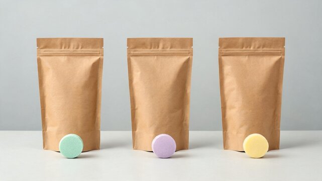 Three kraft stand‑up pouches without labels, steamers in front by color